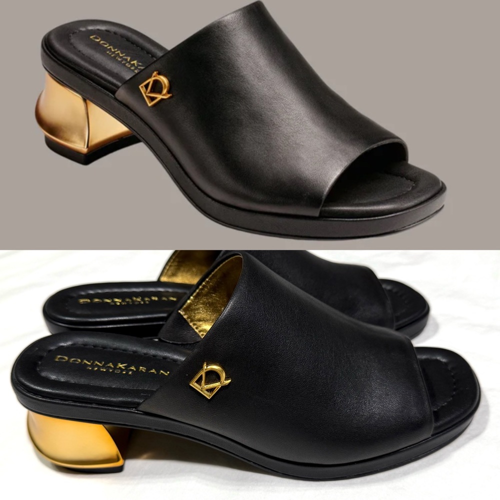 Donna Karan Black Leather Slide Mules with Gold Heel